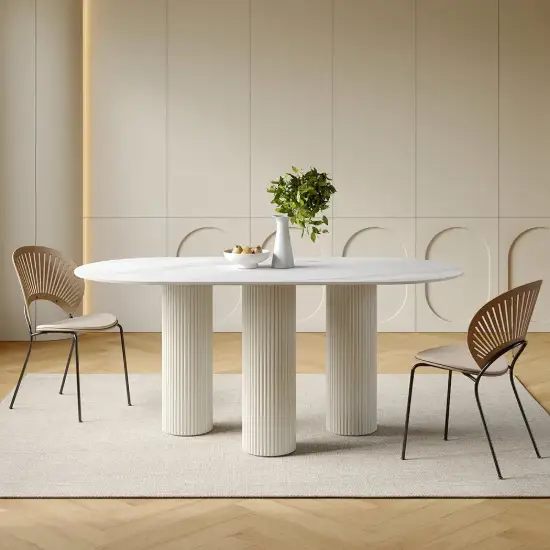 Picture of 1400mm Modern Oval Stone Top Dining Table 3 Legs in White