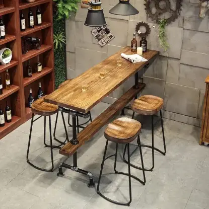 Industrial Long Bar Height Table Set for 4 Wooden 5 Piece Breakfast Table and Bar Stools