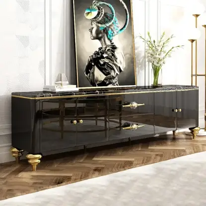 Picture of Modern 79" Black TV Stand with 4 Doors and 2 Drawers