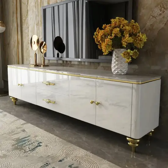 Modern 79" White TV Stand with 4 Doors and 2 Drawers