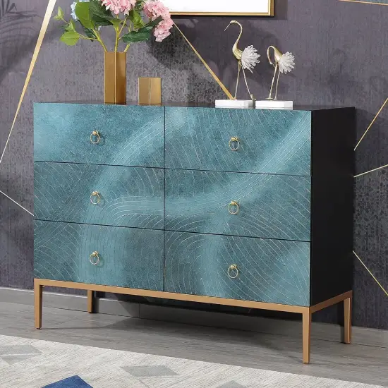Picture of 1200 mm Blue-Green Dresser Artistic 6-Drawer Bedroom Cabinet in Gold