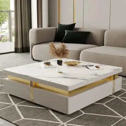 Picture of Modern 110 cm White Square Storage Coffee Table with Sintered Stone Top & 4 Drawers