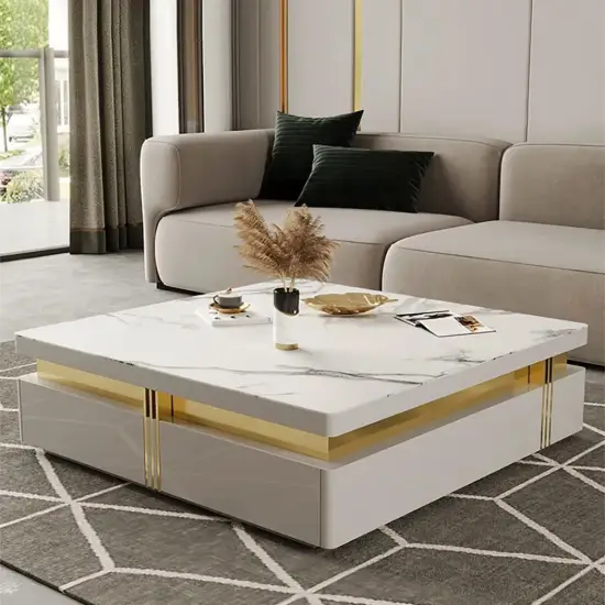 Modern 110 cm White Square Storage Coffee Table with Sintered Stone Top & 4 Drawers