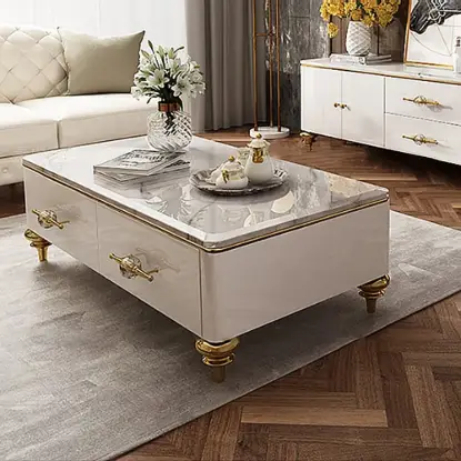 Picture of Modern 130 cm White Marble Coffee Table with 4 Drawers
