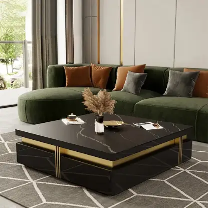 Picture of Modern 110 cm Black Square Storage Coffee Table with Sintered Stone Top & 4 Drawers