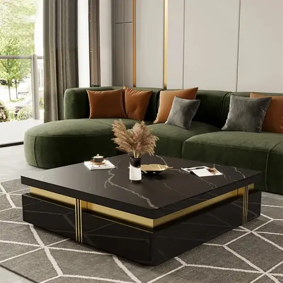 Modern 110 cm Black Square Storage Coffee Table with Sintered Stone Top & 4 Drawers