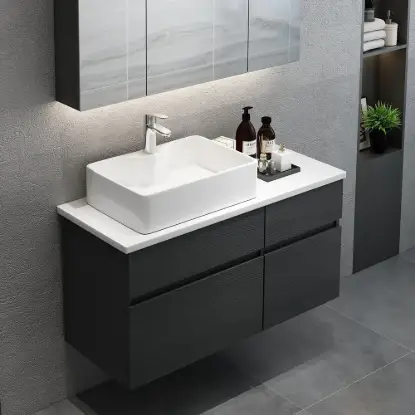 Modern 80 cm Floating Single Bathroom Vanity with Stone Resin Top, Ceramic Basin – Black