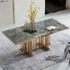 1800mm Modern Rectangular Glossy Stone Dining Table Gold Stainless Steel Pedestal