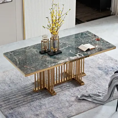1800mm Modern Rectangular Glossy Stone Dining Table Gold Stainless Steel Pedestal