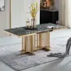 1800mm Modern Rectangular Glossy Stone Dining Table Gold Stainless Steel Pedestal