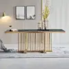 1800mm Modern Rectangular Glossy Stone Dining Table Gold Stainless Steel Pedestal