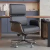 Picture of Modern Ergonomic Black Faux Leather Swivel Office Chair with Walnut Wood Accents