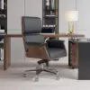 Picture of Modern Ergonomic Black Faux Leather Swivel Office Chair with Walnut Wood Accents