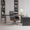 Picture of Modern Ergonomic Black Faux Leather Swivel Office Chair with Walnut Wood Accents