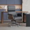 Picture of Modern Ergonomic Black Faux Leather Swivel Office Chair with Walnut Wood Accents