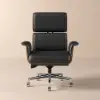 Picture of Modern Ergonomic Black Faux Leather Swivel Office Chair with Walnut Wood Accents