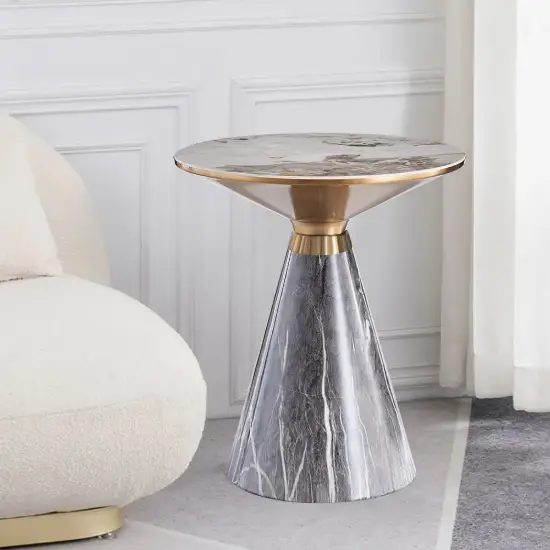 Sculra Modern 56 cm Grey & Gold Pedestal End Table with Sintered Stone Top