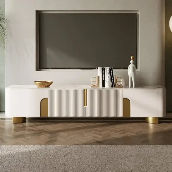 Artis 200 cm TV Stand with Sintered Stone Top, Storage & Gold Legs – White Doors Media