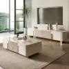 Artis 200 cm TV Stand with Sintered Stone Top, Storage & Gold Legs – White Doors Media