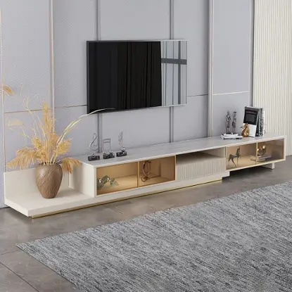 200 - 280 cm Extendable TV Stand with LED Light, Tempered Glass Door Cabinets & Drawer