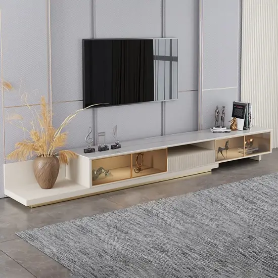 200 - 280 cm Extendable TV Stand with LED Light, Tempered Glass Door Cabinets & Drawer