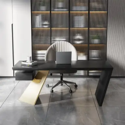 Modern 160 cm Rectangular Black Rubberwood Desk with Drawer & Gold Base