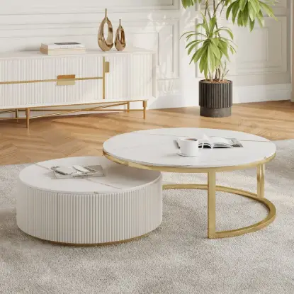Picture of 28"-35" Round Nesting Coffee Table Set with Sintered Stone Top & Drawer