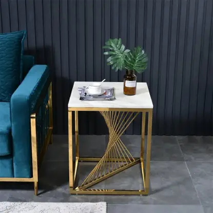 500mm Square Side Table White Marble End Table with Gold Stainless Steel Base