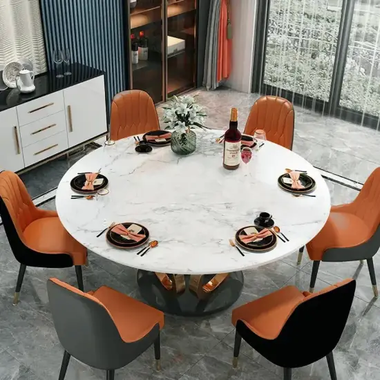 1500mm Contemporary Round Dining Table with Faux Marble Top in White & Gold
