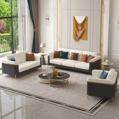 Picture of Vertex Modern Leather 3-Piece Living Room Sofa Set – Gray Beige Faux