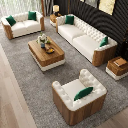Picture of Wovent Modern Beige Faux Leather Tufted Sofa & Loveseat Living Room Set of 3
