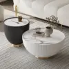 Modern 50 - 70 cm cm Round Beige & Gray Sintered Stone Leather Drum Coffee Table Set