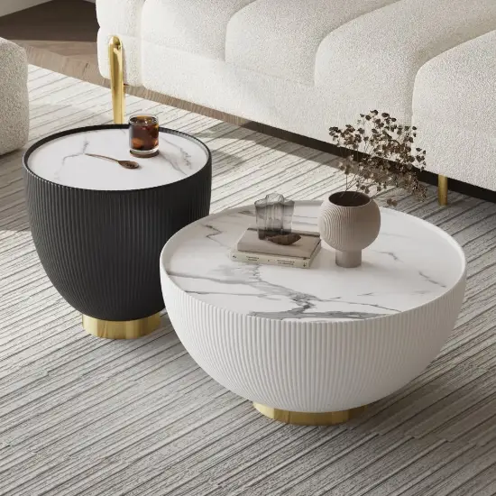 Modern 50 - 70 cm cm Round Beige & Gray Sintered Stone Leather Drum Coffee Table Set