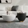Modern 50 - 70 cm cm Round Beige & Gray Sintered Stone Leather Drum Coffee Table Set