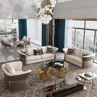 Picture of Modern Faux Leather Living Room Sofa Set in Brown & White Set of 3