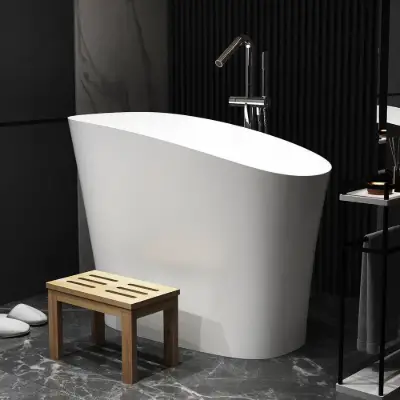 120 cm Freestanding Stone Resin White Soaking Bathtub with Ergonomic Built-in Seat