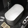 100 cm Deep Oval Freestanding Stone Resin Soaking Bathtub with Built-in Seat – Matte White Japanese