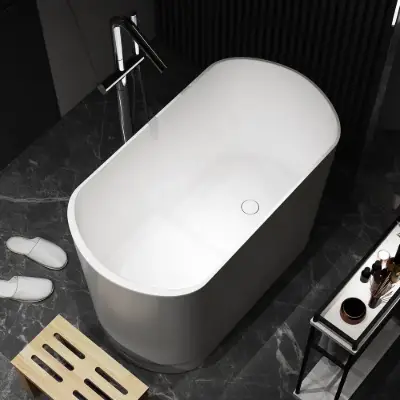 100 cm Deep Oval Freestanding Stone Resin Soaking Bathtub with Built-in Seat – Matte White Japanese