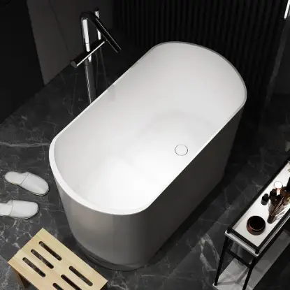100 cm Deep Oval Freestanding Stone Resin Soaking Bathtub with Built-in Seat – Matte White Japanese