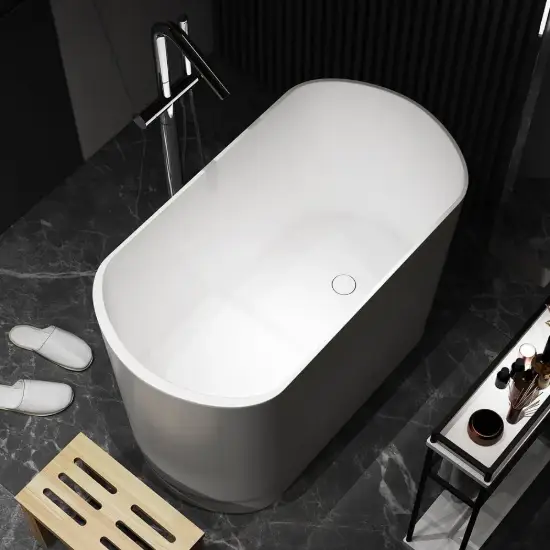 100 cm Deep Oval Freestanding Stone Resin Soaking Bathtub with Built-in Seat – Matte White Japanese