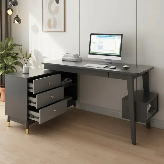 Ultic 120 cm L-Shaped Grey Rotating Desk with Storage