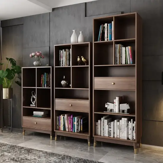 Ultic Modern Walnut Bookshelf Bookcase with Metal Frame and Drawer – 125cm