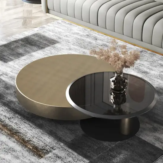 Modern 100 cm Round Gold & Black 2-Piece Nesting Coffee Table Set with Tempered Glass Top