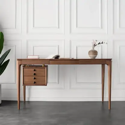 Mid-Century Modern 140 cm Rectangular Walnut Ash Wood Desk with 3 Drawers