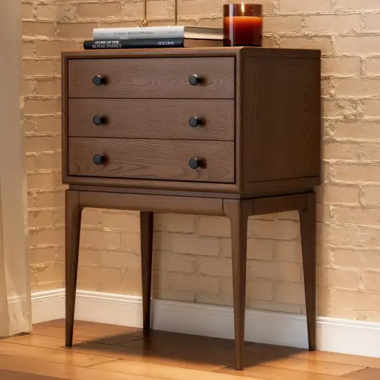 Picture of Tanic Mid Century Modern Chest Cabinet with Storage 3 Drawers of Ash Wood in Walnut