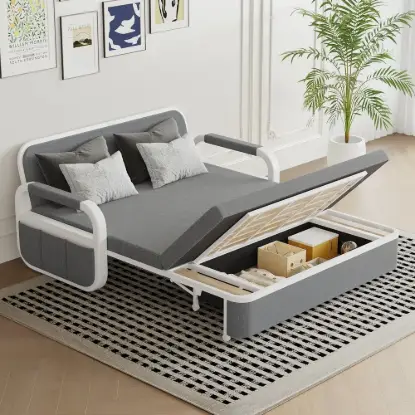 154 cm 2-Seater Cotton & Linen Convertible Sofa Sofa with Storage – Light Gray Sleeper