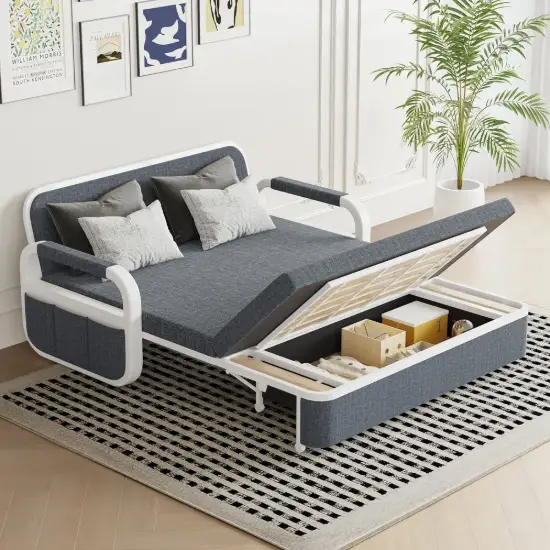 154 cm 2-Seater Cotton & Linen Convertible Sofa Sofa with Storage – Deep Gray Sleeper