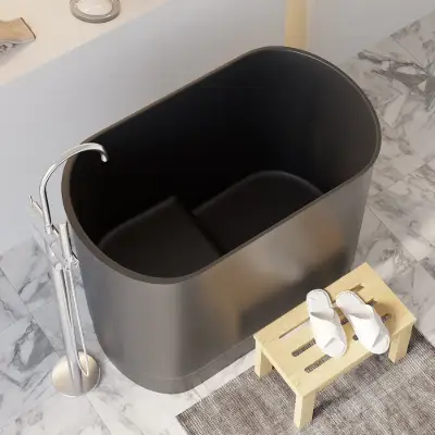 100 cm Deep Oval Freestanding Stone Resin Soaking Bathtub with Built-in Seat – Matte Black Japanese