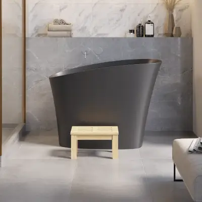 1200 mm Modern Oblique Deep Freestanding Matt Black Stone Resin Japanese Soaking Bath