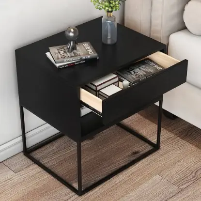 Black Modern Bedside Table with Drawer and Black Metal Base